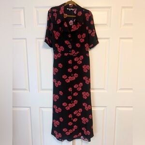Tucker Red and Black Silk Midi Dress with Notched Collar size large